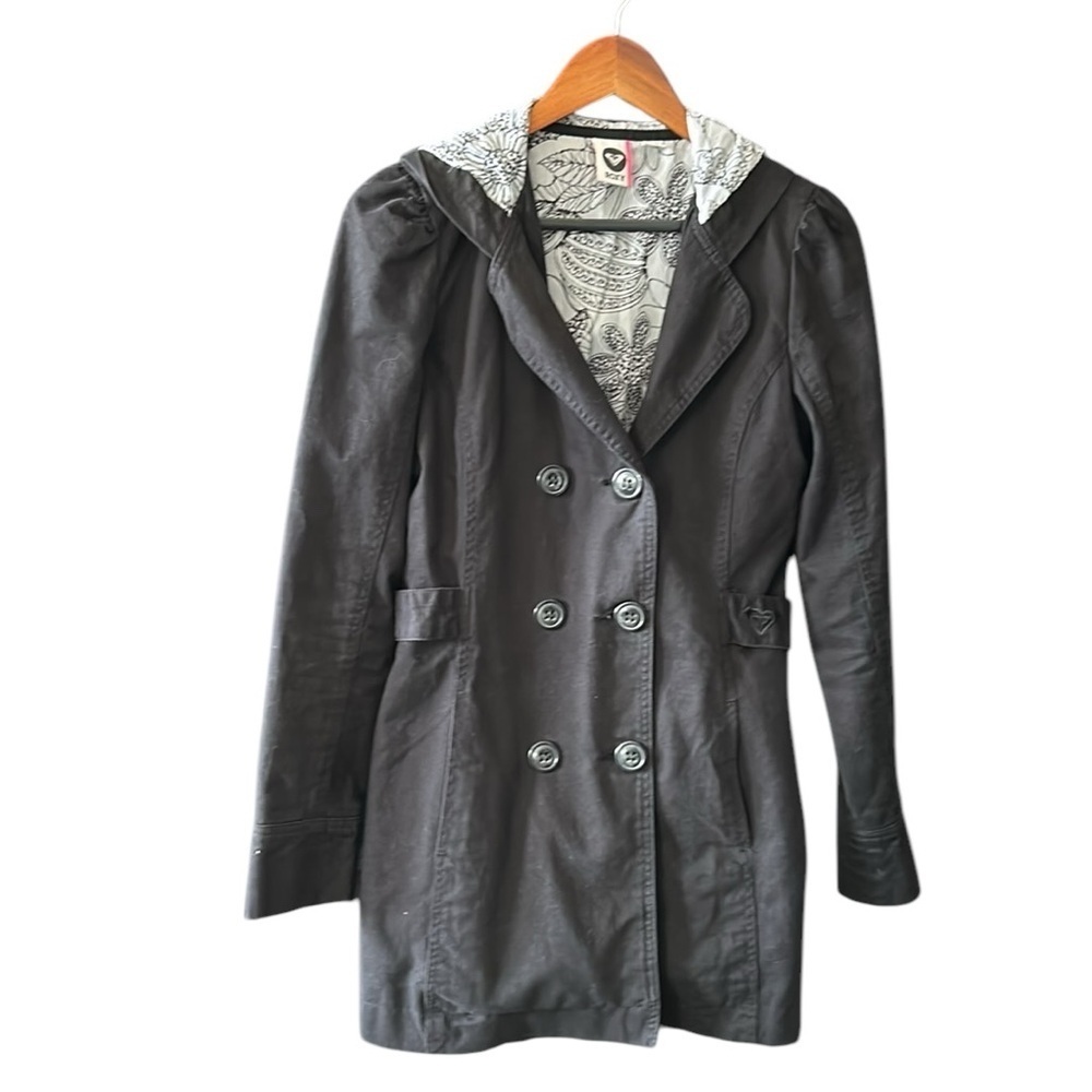 Roxy charcoal black Double Breasted Pea Coat Hooded Jacket Size petite small